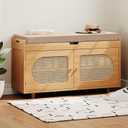 Rattan Shoe Storage Bench,Bamboo Entryway Bench, 2-Tier Shoe Rack,35.4" W x 12.6" D x 19.7" H with 2 Doors & Padded Seat Cushion for Entryway, Living Room, Bedroom, Natural