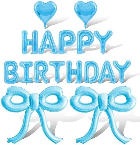 Pack of 2, Light Blue Bow Balloons Light Blue Happy Birthday Balloons Banner Heart Foil Balloon for Bow Themed Party Decor Supplies Bachelorette Birthday Decoration Ballons Arch Kits Party Balloon Set 17pcs