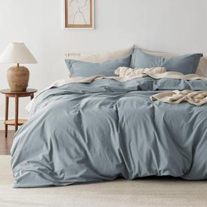 Bedsure 100% Washed Cotton Duvet Cover King Size - Dusty Blue Minimalist Cotton Duvet Cover Linen Like for All Seasons - GentleSoft Plain Simple Bedding (Dusty Blue, King, 104"x90")