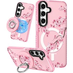 Lotadilo for Samsung Galaxy S24 Case for Women - Girls Cute Design Compatible with Magsafe Magnetic Ring Holder Stand Peach Blossom Phone Covers Aesthetic Girly TPU Funda for S24