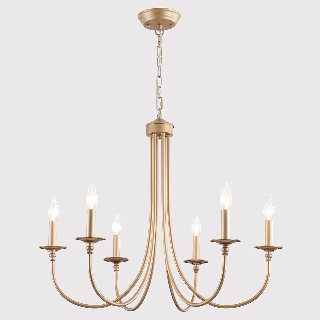 Gold Farmhouse Chandelier Modern Candlestick Dining Chandelier Light Fixture Industrial 6 Light Pendant Lighting for Kitchen Living Room Bedroom Foyer Entrance Hallway Entryway