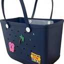 XL Waterproof Rubber Beach Tote Bag with Drainage Holes –Stylish Rubber Bag with Charms for Sand-Free Beach, Pool & Lake Days (Navy Blue)