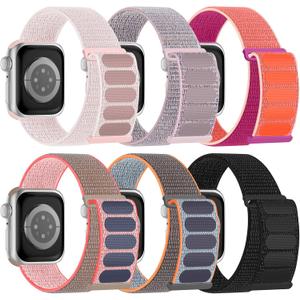 6 Pack Sport Nylon Loop Band Compatible with Apple Watch Bands 38mm 40mm 41mm 42mm  for Women Men, Adjustable Breathable Braided Straps for iWatch Series 10/9/8/7/6/5/4/3/SE/Ultra (Pink Sand/Black/Pearl Pink/Pomegranat/Neon Pink/Fresh Orange)