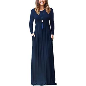 GRECERELLE Women Long Sleeve Casual Round Neck Loose Solid Floral Maxi Long Dress with Pockets, Size S