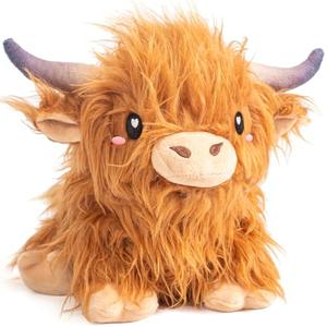 Happy Fuel Highland Cow Microwavable 1.5lbs Unscented Heating Pad for Women & Kids- Cute Soft Cozy Pillow Plush Heatable Warm Stuffed Animals- Kawaii Hot & Cold Plushie Toy- Cow Gifts for Girls & Boys