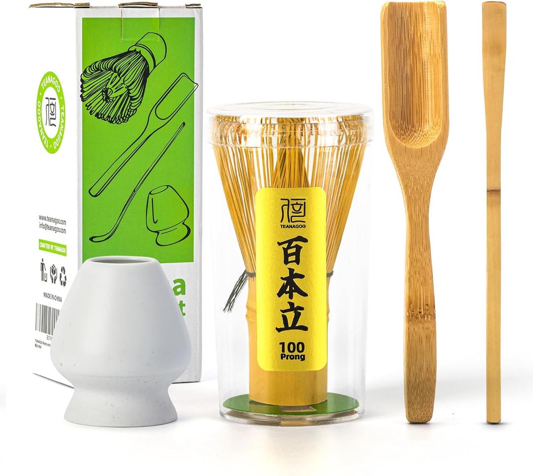 TEANAGOO Matcha Whisk Set, Bamboo Matcha Whisk (Chasen), 4 Pcs Traditional Starter Matcha Set, Scoop (Chashaku) Tea Spoon Whisk Holder, Matcha Accessory, Bamboo Whisk For Matcha Tea (100prongs)