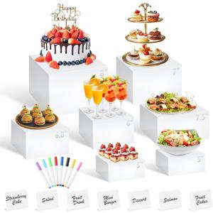 7Pcs White Acrylic Buffet Risers with Mini Sign and Marker, Food Display Risers for Party Catering Dessert Jewelry Collectibles,Acrylic Cube Nesting Boxes with Hollow Bottoms(8" 7.5" 7" 6.8" 6" 5" 5")