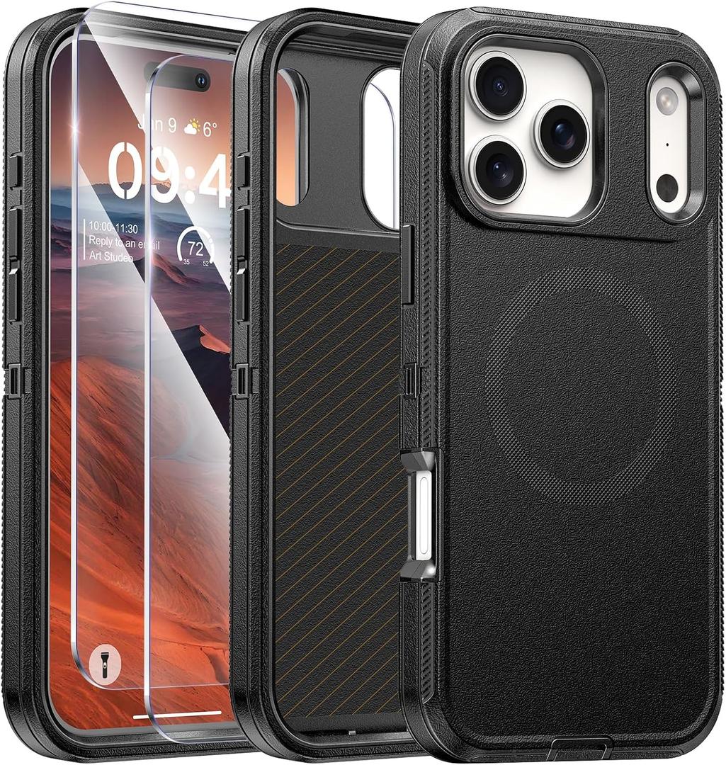 TUTUKII Compatible with iPhone 17 Pro Max Case with Screen Protector, Shockproof, Compatible with MagSafe, 3-Layer Drop Protection, Heavy Duty Magnetic Phone Case Cover, 6.9", Black/Black