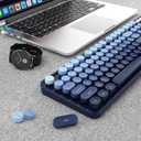 Wireless Keyboard and Mouse Combo, Ergonomic Full Size Typewriter Retro Round Keycaps Keyboard, Compatible with Windows, PC, Perfer for Home and Office Keyboards (Twilight Blue
