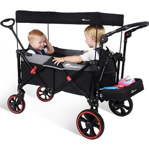 Wagon Stroller for 2 Kids,Foldable Kids Wagon,Premium All Terrain Stroller Cart w/Removable Canopy, Adjustable Push/Pull Handle, Harness Shipped Separately-Black