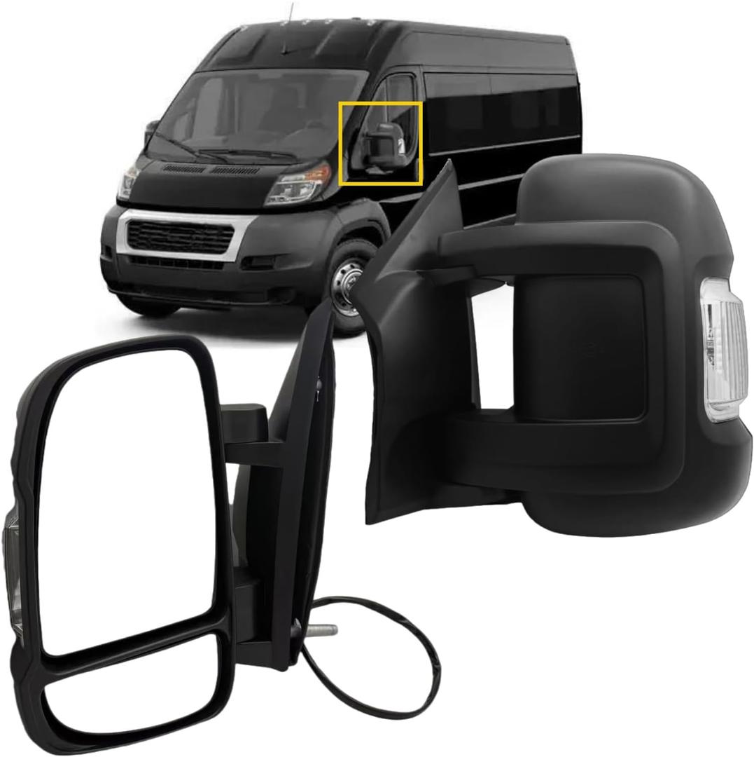 Driver Side Mirror Compatible with 2014-2024 Ram Promaster 1500 2500 3500 (Short Arm) With Heated Power Glass Turn Signals Light Temperature Sensor Manual Folding 8+2 Pins Textured Black