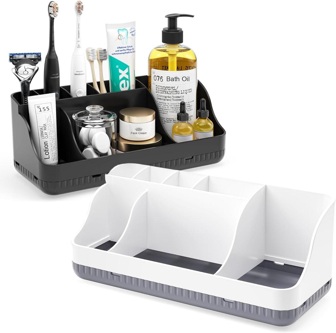 Bathroom Counter Organizer and Storage, 7 Slots Detachable Toothbrush Holders for Bathrooms, Anti-Slip Electric Toothbrush and Toothpaste Holder Countertop Vanity Organizer Accessories for Adults Kids (Whitegrey + Black)