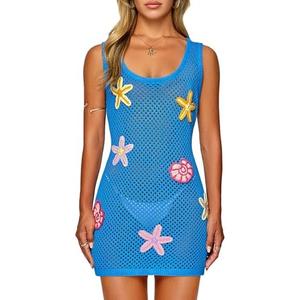 FAIRY SEASON Women's Crochet Beach Cover Up with Hand-Embellished 3D Starfish & Seashells, Sleeveless Dress for Vacation, Medium