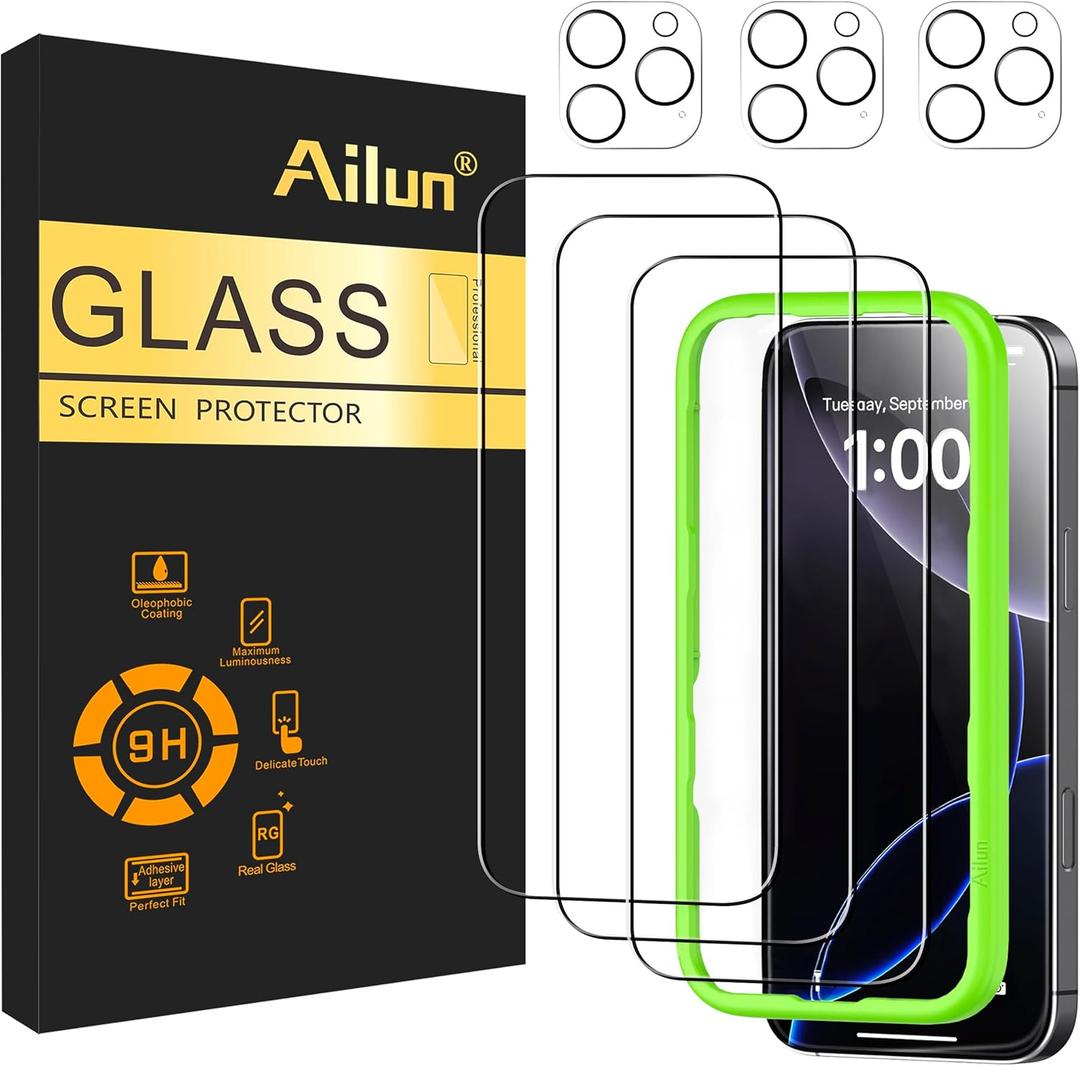 Ailun 3 Pack Screen Protector for iPhone 16 Pro [6.3 inch] + 3 Pack Camera Lens Protector with Installation Frame, Case Friendly Tempered Glass Film,[9H Hardness][Not for iPhone 16e/16/16 Plus/Pro Max]
