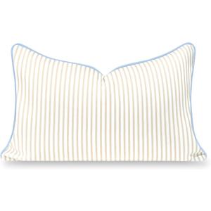 Hofdeco Premium Coastal Hampton Patio Indoor Outdoor Lumbar Pillow Cover Only, 12"x20" Water Repellent for Backyard, Couch, Poolside, Neutral Tan Blue Print Stripes