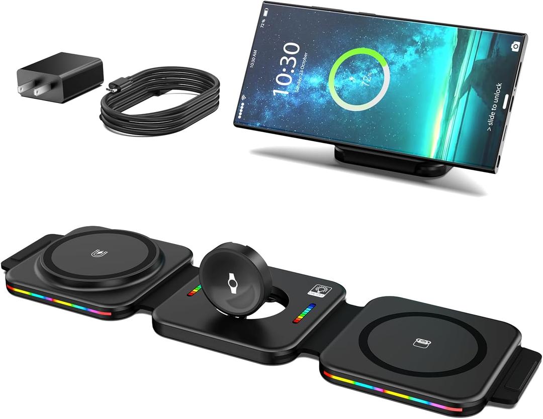 Magnetic Wireless Charger for Samsung, 3 in 1 Charging Station for Samsung Galaxy S25 Ultra/S24 Ultra, Magnetic Foldable Charger for Travel, Wireless Charging Pad for Galaxy Watch 7/Ultra/Buds 3/3 Pro (black)