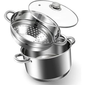 AuFranc 6 Quart 18/10 Stainless Steel Tri-ply Stockpot and Steamer with Tempered Glass Lid, Multipurpose Steamer Pot Compatible with All Cooktops, Non-Toxic Soup Pot, Oven & Dishwasher Safe (Silver)
