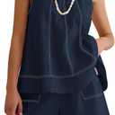 Rapbin Women Two Piece Short Set Drawstring Elastic Waist Pants Round Neck Tank Tops Comfy Sweatsuit Soft Sleepwear (Medium, Navy Blue)
