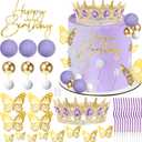 AMZVALU Crown Cake Topper, Balls Happy Birthday Cake Topper Purple Crown Birthday Candles Gold Butterflies, Corona Para Pastel, Cake Decorations for Birthday Wedding (Gold, Purple)
