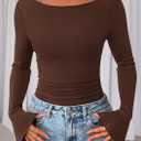 PRETTYGARDEN Womens Long Sleeve Shirts 2026 Spring Crop Going Out Tops Casual Boat Neck Bell Sleeve Ribbed Ruched Y2K Clothes (Brown, M)