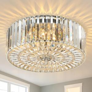 17.5" Large Crystal Ceiling Light, 4-Lights Flush Mount Crystal Ceiling Light, Chrome Ceiling Lamp Modern Chandelier for Bedroom, Dining Room,Living Room, XDD007-4-CH