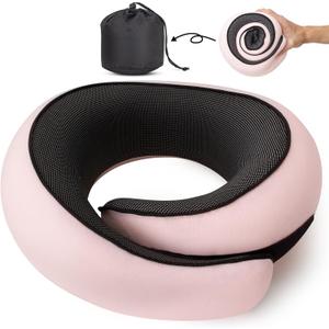 NOCRLG Travel Pillow, Travel Neck Pillow for Airplanes Car, 100% Pure Memory Foam Travel Pillow, Sleeping Essentials for Long Flight 360 Head Support Degree Comfort and Breathability (Pink)