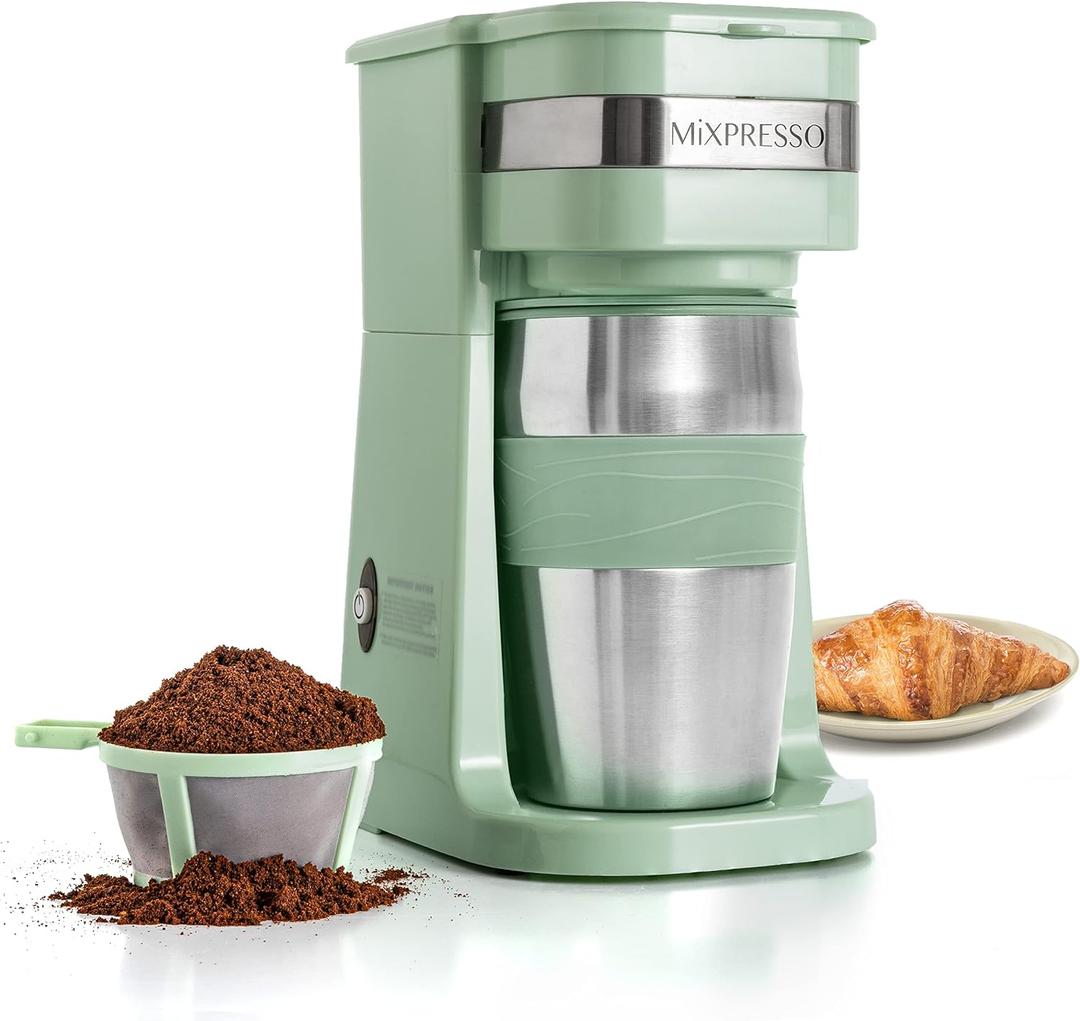 Mixpresso Green Personal Single Serve Coffee Maker with 14oz Travel Mug, Drip Small Coffee Maker with Auto Shut Off, Reusable Filter, Works with Ground Coffee Only  Not for K-Cup Pods