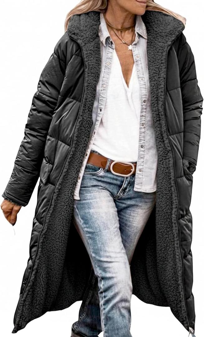 Womens Reversible Long Puffer Coat Sherpa Lined Hooded Winter Jacket (Small, Black)