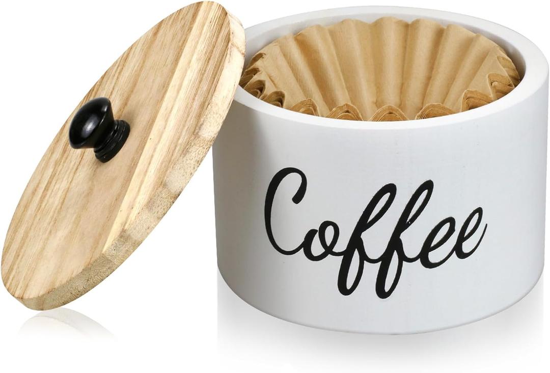 Wooden Coffee Filter Holder with Lid, Basket Coffee Filter Storage Container for Counter, Rustic Farmhouse Caf Bar Decor, 50 Count Capacity (White)
