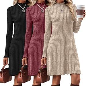 Velvelhall 3 Pack Women's Long Sleeve Sweater Dresses Ribbed Knit Lettuce Trim Mock Turtleneck Short Casual Slim Fit Dresses(Apricot, Red, Black,Small)