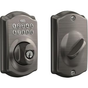 Schlage Camelot Electronic Keypad Deadbolt Lock, Keyless Front Door Entry, Mechanical Key Backup Included, Antique Pewter, BE365 CAM 620