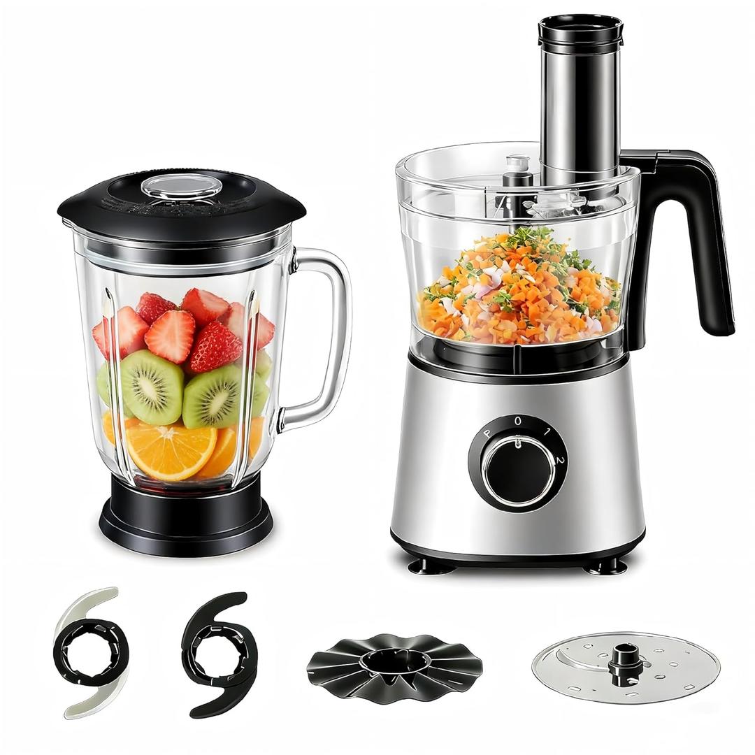 Sweetcrispy Food Processor Blender Combo for Vegetable, Dough, Electric Food Processors Slicing, 6 Cup Chopper for Meat, Puree, 2 Speeds, Sharp Blades, Safety Lock with 1.5L Glass Jar (Silver)