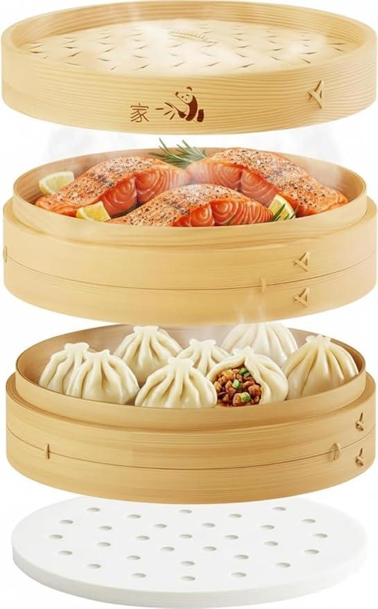 Prime Home Direct Bamboo Steamer Basket 8Inch | 2Tier Steamer for Cooking | 50 Liners | Small Instant Steaming Cookware Asian Food, Bao Buns, Chinese, Dim Sum, Dumpling, Rice, Vegetable Steam Pot