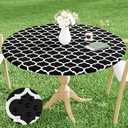 Smiry Round Picnic Tablecloth, Waterproof Elastic Fitted Table Covers for 31" - 35" Tables, Wipeable Flannel Backed Vinyl Tablecloths for Camping, Indoor, Outdoor, Black & White