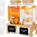 1 Gallon Drink Dispenser with Stand,2 Pack Glass Beverage Dispenser With Wood Stand, Stainless Steel Spigot and Labels Large Water Drink Dispensers for Parties, Lemonade,Juice, Tea