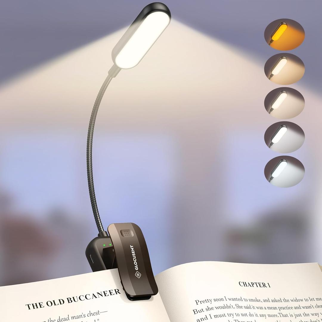 Glocusent 20 LED Reading Lights for Books in Bed, Eye Caring Reading Light, 5 Colors & 5 Brightness 3100LM Dimmable, 1200mAh Rechargeable Book Light to 90H, Lightweight Clip on Light for Book Lovers