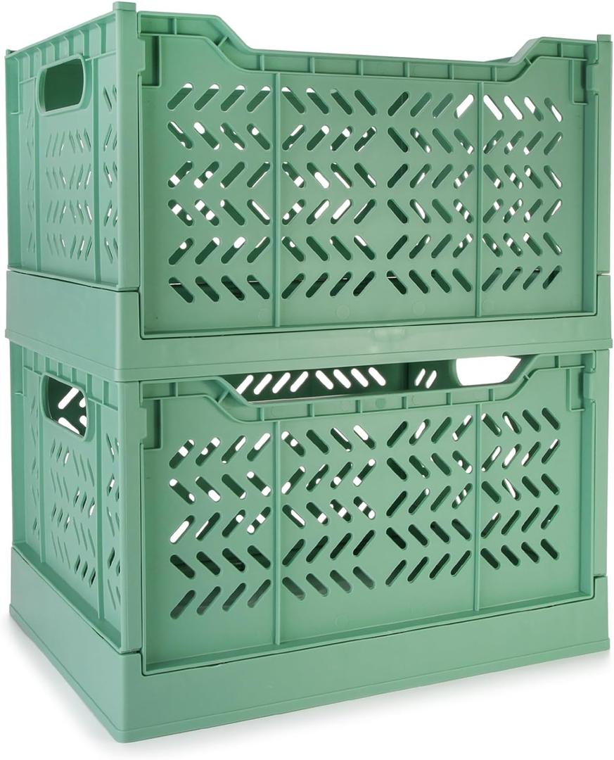 Domiella 2-Pack Crates for Storage, Storage Crates Plastic Stackable, Foldable Crate for Office Home Kitchen Bedroom Bathroom (Tall, Green) (Tall: 15.3" x 11.3" x 9")