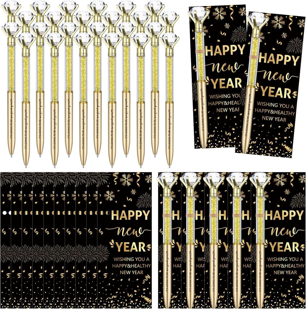 50 Set Happy New Year Party Favor for Guest Crystal Diamond Ballpoint Pens with Greeting Cards Bags Golden Ties Thank You Gifts Thanks for New Years Eve Parties Supplies