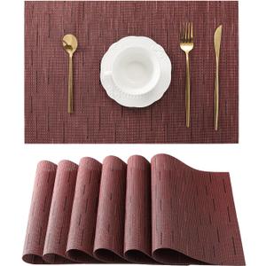 Leetaltree Burgundy Placemats Set of 6 - Heat Resistant Non-Slip Place mats for Dining Table, Washable Durable PVC Vinyl Woven Table MatsBurgundy, 6