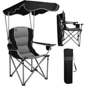 Northroad Folding Camping Chairs with Canopy Shade, Beach Chair w/Cup Holders, Armrests & Carry Bag for Outdoors Travel Sports Fishing, Black