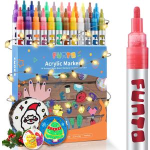 Funto Acrylic Paint Pens for Rock Painting, Fabric, Wood, Canvas, Metal, Ceramic, Glass, 24 Colors Paint Marker Set, Non-Toxic, Quick Drying