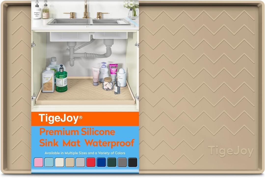 TigeJoy Under Sink Mat 22" x 19", Silicone Mats in Kitchen Bathroom Organizers and Storage, Waterproof Protector for Drawer Shelf and Cabinet Liner, Flexible Drip Tray (Beige)