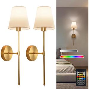 Battery Operated Wall Sconce Set of 2, Gold Rechargeable Wireless Wall Lights with Remote - Dimmable RGB LED Bulbs, 13 Color Options, Cordless Wall Lamps for Bedroom, Living Room, Hallway Decor