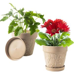 Melphoe Plant Pots Indoor with Drainage & Saucer, 2Pack 8 inch Flower Pots Outdoor Planters for Indoor Plants Garden Home Decor Cactus Succulent, Rigid Plastic (Imitation-Terracotta) Vine-Embossed