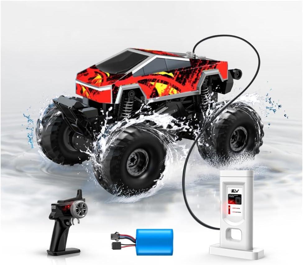 RC Car, Amphibious Monster Truck Toy with Charging Dock, 1:18 4WD Waterproof Off-Road Pickup - 360 Rotation & One-Button Stunt, 2.4GHz Remote Control Car for Boys Girls Ages 6+ Birthday Gift