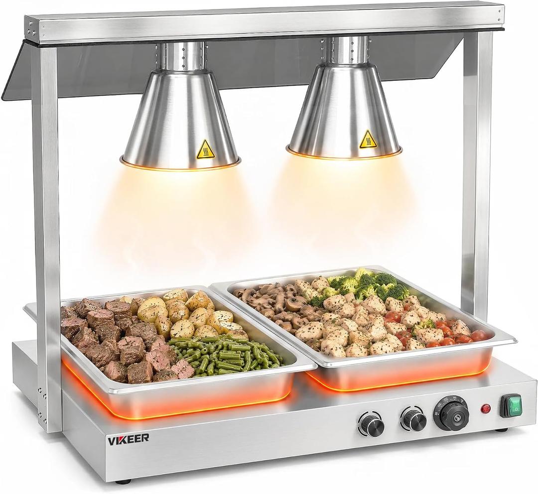 VIKEER Commercial Buffet Warming Station 800W Electric Food Warmer Station with Dual Heat Lamps and Heated Base Adjustable Temp 98-185℉ Independent Switches Stainless Steel for Buffet Catering