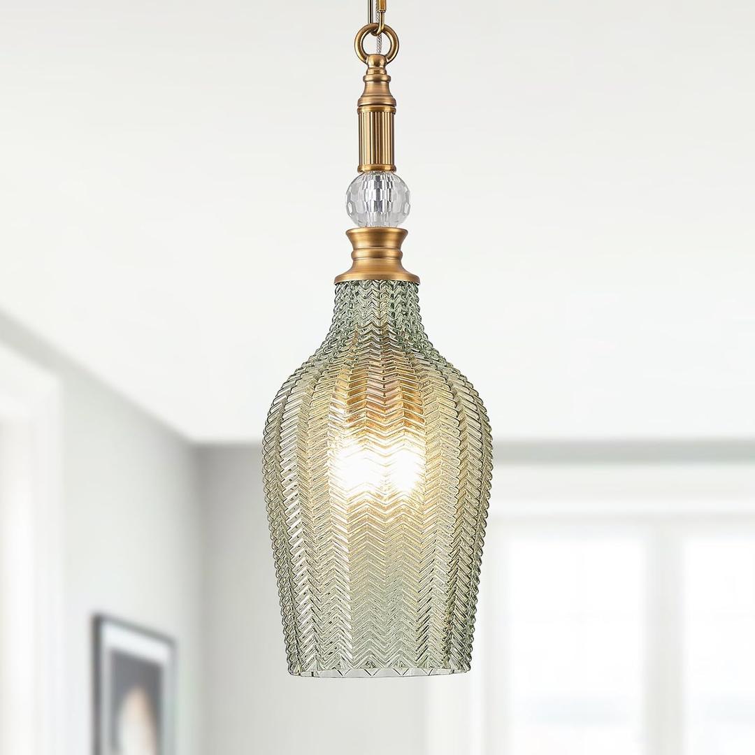 3-Light Pendant Light Vintage Gold Metal E12 Base - Farmhouse Chandelier with Green Glass, Adjustable Ceiling Hanging Lighting Brightens to Kitchen Island, Dining Room, Hallway, Entryway (Greenr-7.1in)