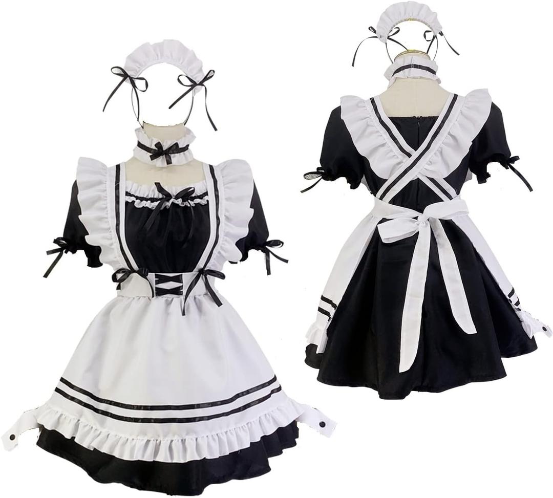 Japanese Girl Anime Cosplay Costume Maid Ladies French Apron Apparel Set Sailor School JK Clothing (3XL-Large, Black)