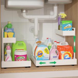 REALINN Under Sink Organizer Pull Out, L-Shaped 2 Tier Cabinet Organizer with Adjustable Width & 6-Level Height, Metal Under Sink Storage for Kitchen Sink, Bathroom Vanity, Laundry Cabinet, White