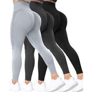 ATHVOTAR 3 Pack Butt Lifting Workout Leggings Women High Waist Seamless Scrunch Butt Booty Gym Leggings (Large, Black/Gray/Dark Green)